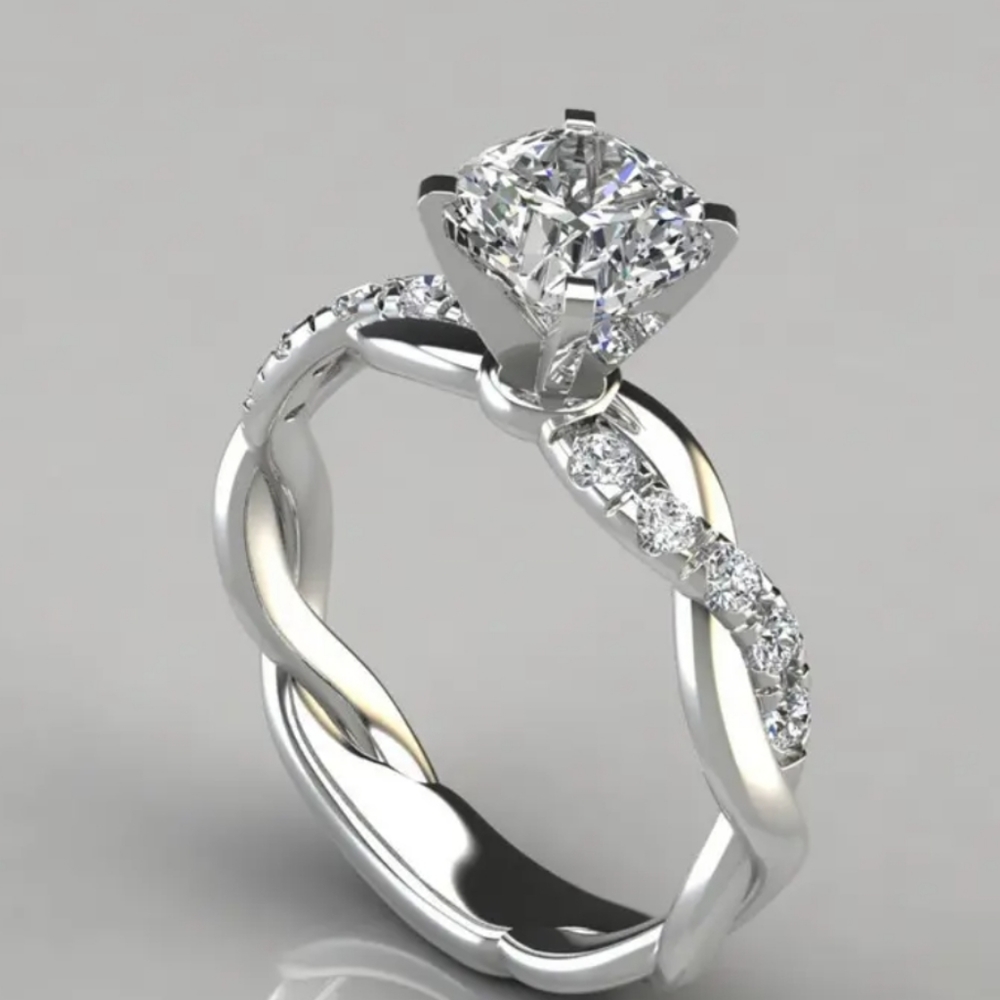 💍Four Claw Round Engagement Ring With Diamonds, Cross Twist Zirconia Rin